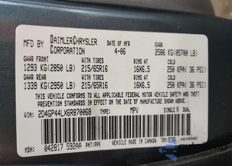 2006 Dodge Grand Caravan Sxt from USA, damaged, VIN 2D4GP44LX6R870068